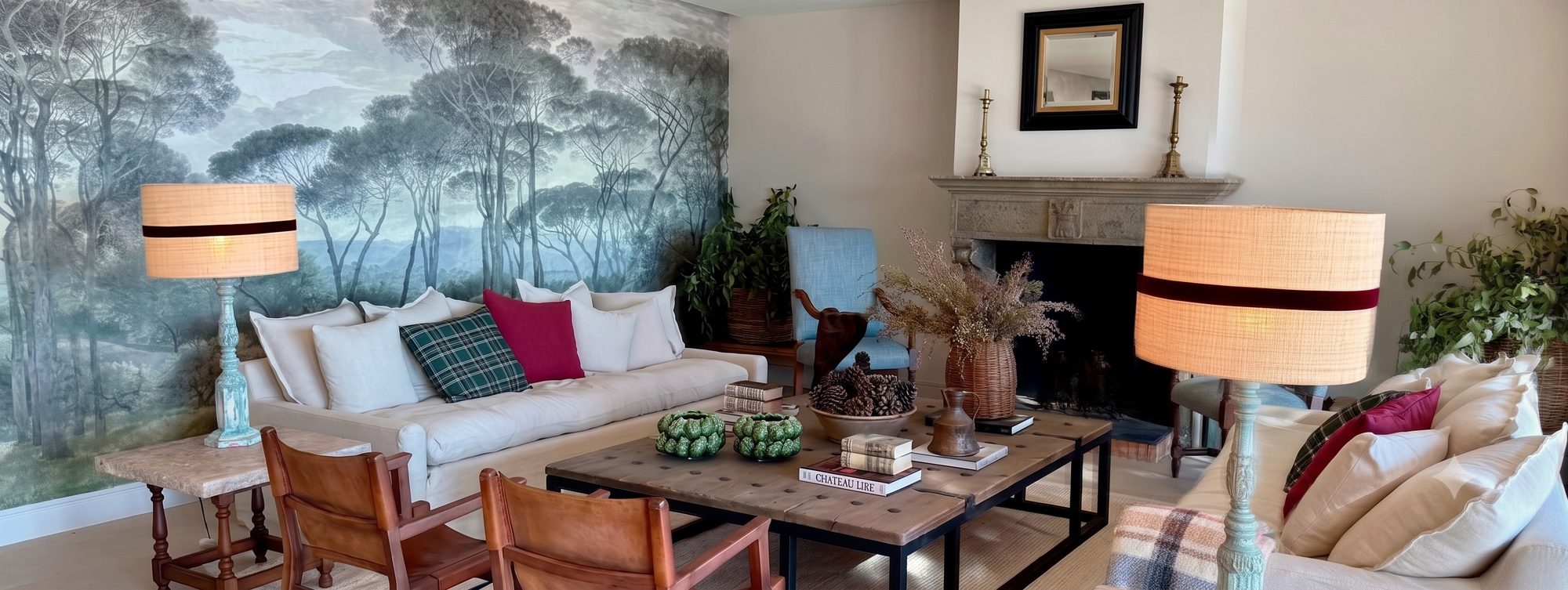 Salón con mural de pinos
