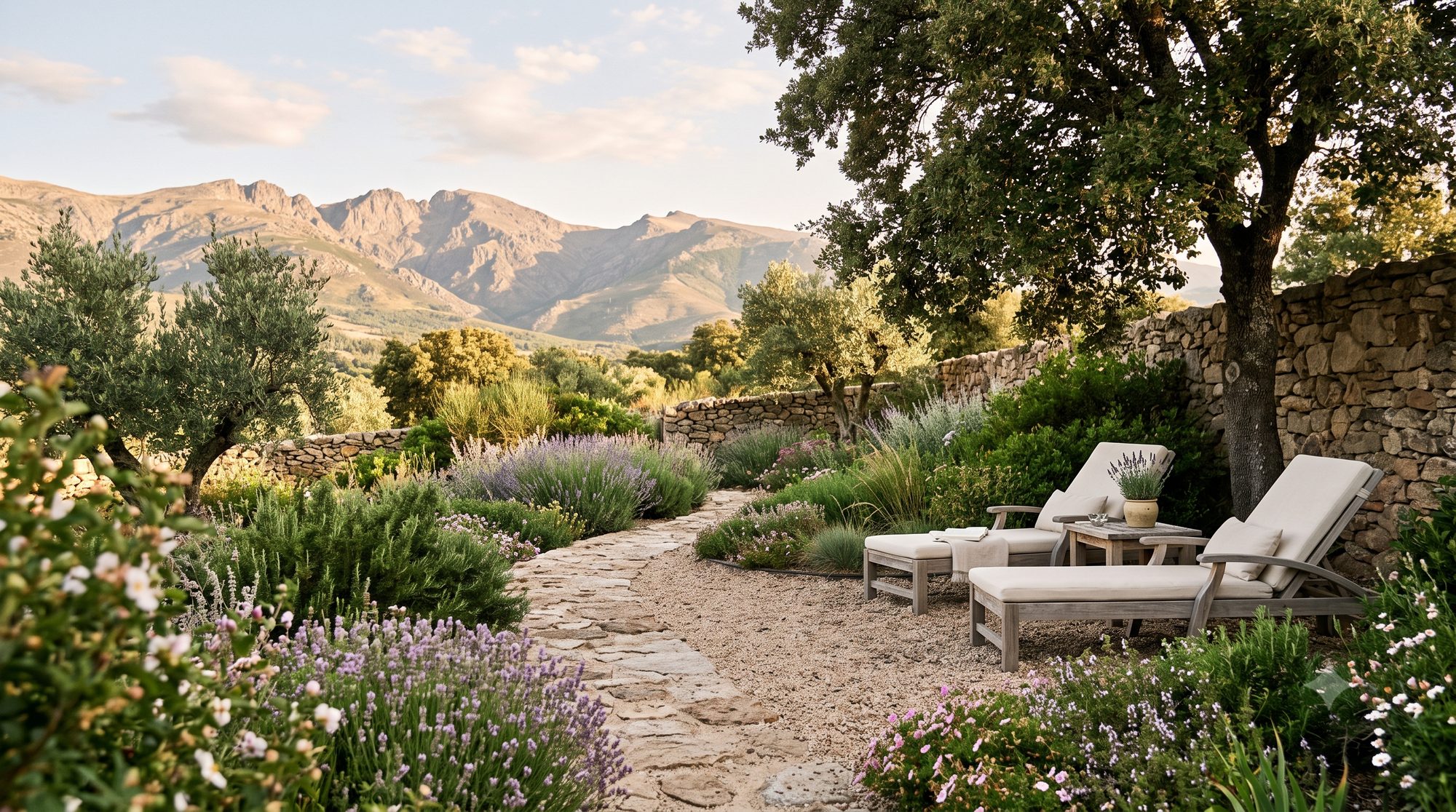 Jardín de xerojardinería con lavanda y olivos frente a Gredos